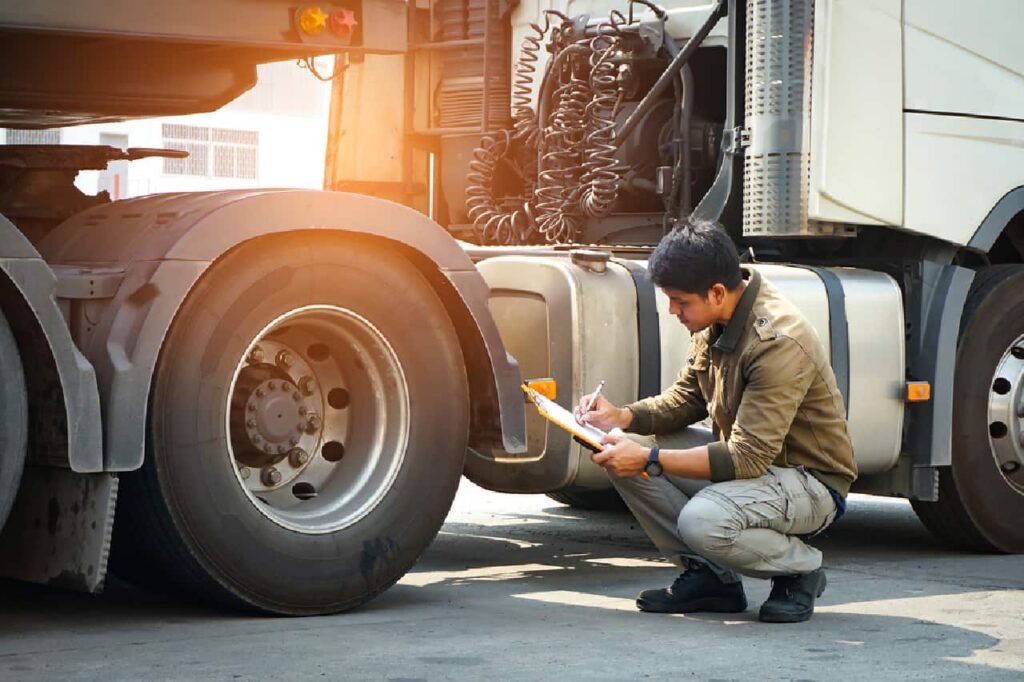 a person writing on a clipboard next to a truck