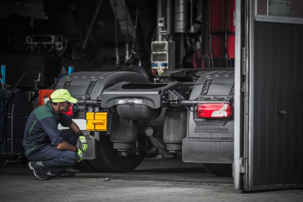 a person in a helmet kneeling next to a truck