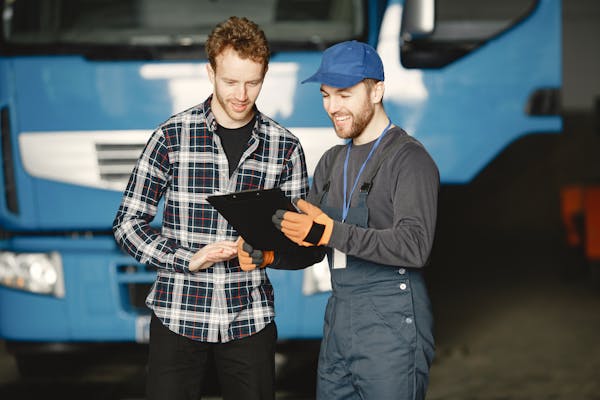 a man in a blue hat and gloves holding a clipboard