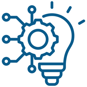 a blue color icon of bulb and settings
